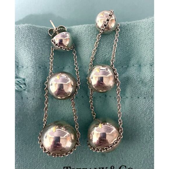 Tiffany & Co Silver Hardware Triple Drop Bead Ball Stud Earrings Butterfly Backs - Picture 1 of 12